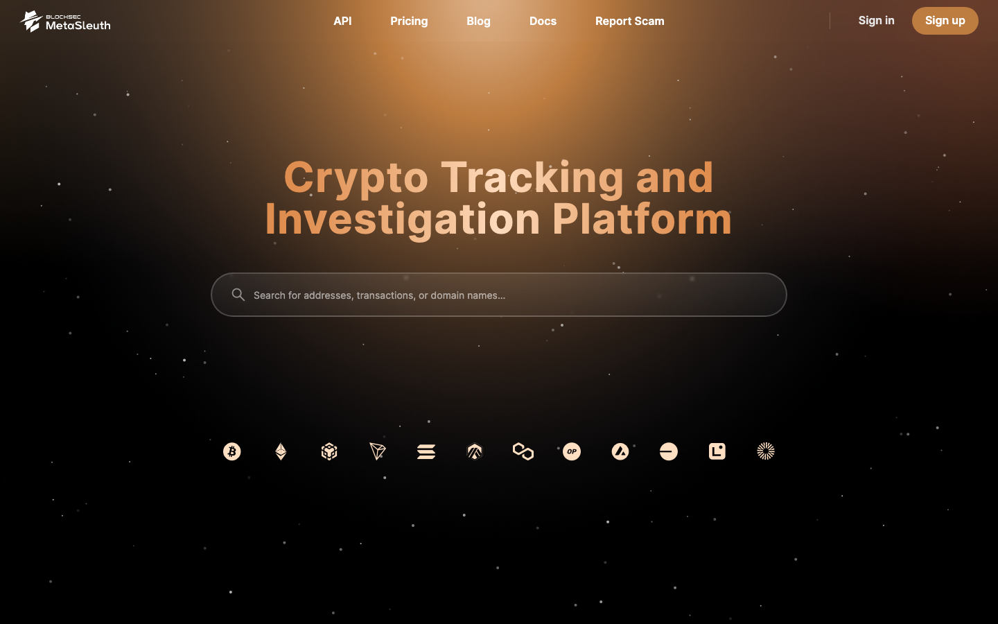 MetaSleuth's homepage — the chain-icon row shows its 12 tracing chains (screenshot: metasleuth.io, August 2026)